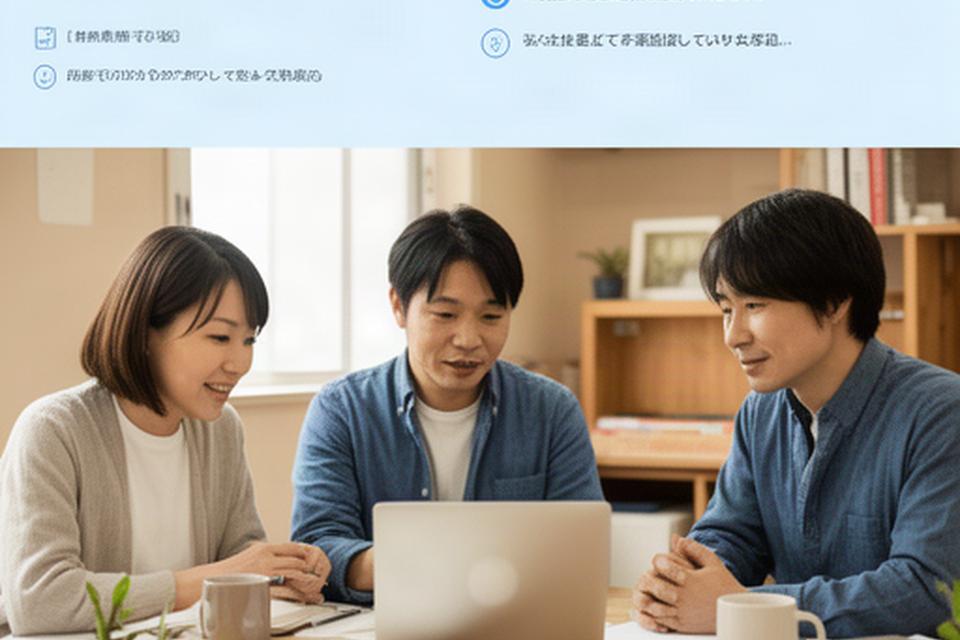青森県の小規模事業所でスタッフがノートパソコンを囲み、共有ファイルと会議予定を確認している様子